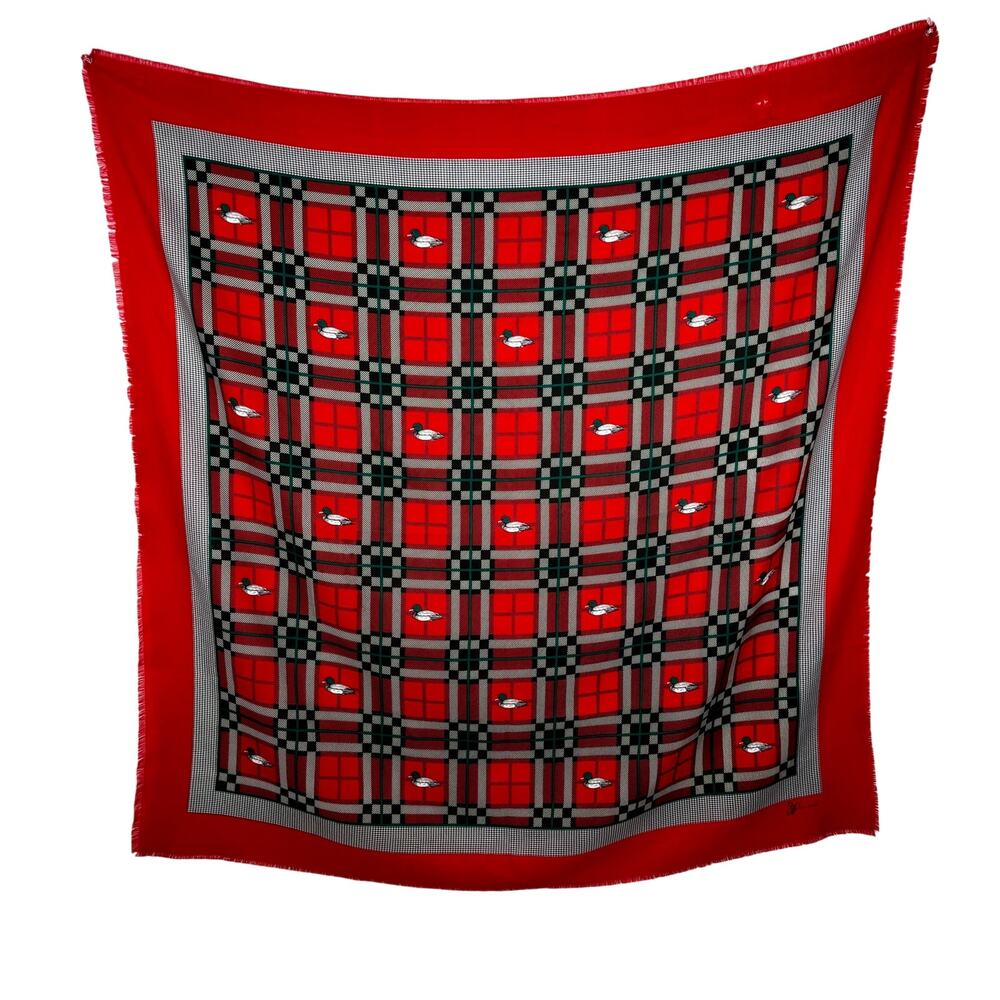 Vintage JP Collections Plaid Duck Scarf Red Green 45" Square Polyester AS IS